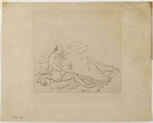 Image of Soldier with severed leg leaning on a fallen horse