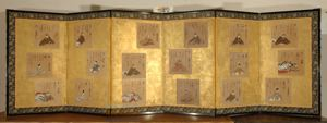 Image of Six-panel screen with paintings of eighteen of the "Thirty-Six Immortals of Poetry"