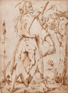 Image of Young Man from the Rear, Holding a Distaff and Spindle