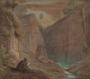 Image of Hermit Reading in Mountain Valley