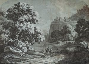 Image of View of a Hill Town and Travelers on a Road