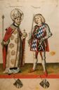 Image of St. Henry II and Duke Naymas from the Codex of the House of Bavaria (recto); inscription in latin and german (verso)